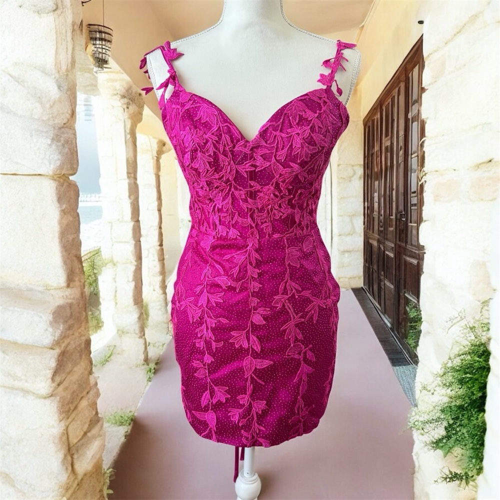 Vibrant Fuchsia floral appliqué mesh corset Mini Dress size XS
